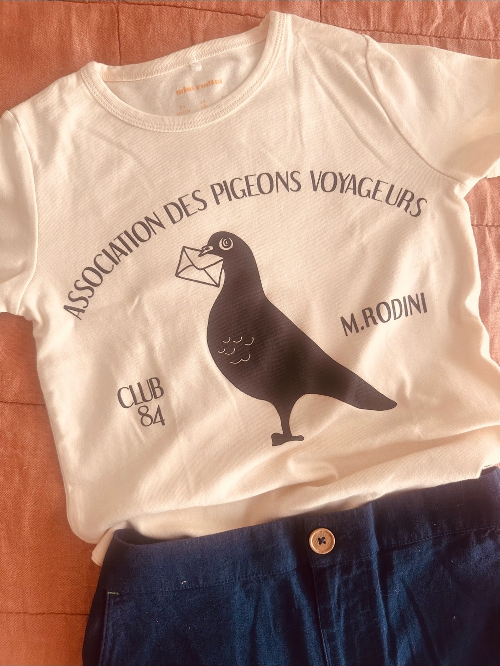 Mini Rodini White Tee with Black Pigeon Graphic